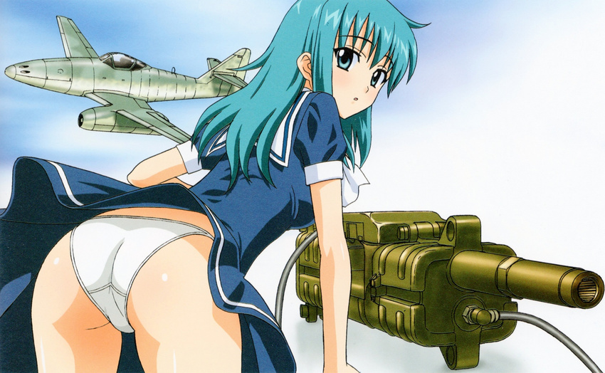 1girl airplane aqua_hair ass dress gun looking_back me-262 messerschmitt mk-108 official_art panties pantyshot short_dress skirt tobimono_girls underwear upskirt weapon yamauchi_noriyasu