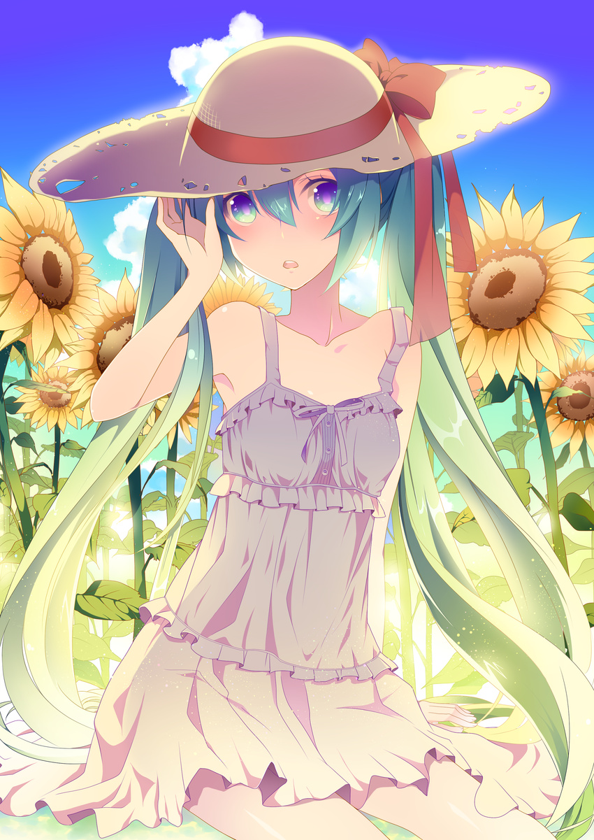 :o absurdres aqua_eyes aqua_hair bad_id bad_pixiv_id bare_arms cloud day dress field flower flower_field frilled_dress frills hat hat_ribbon hatsune_miku highres long_hair looking_at_viewer outdoors ribbon sitting sky sleeveless sleeveless_dress solo straw_hat summer sundress sunflower temari_(deae) twintails very_long_hair vocaloid