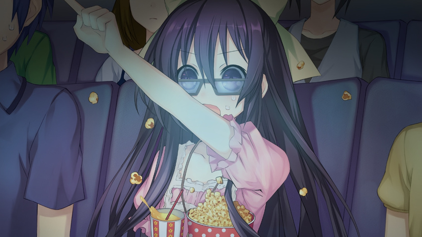 3d_glasses audience bespectacled blue_hair bow date_a_live dress drink food game_cg glasses indoors itsuka_shidou long_hair movie_theater open_mouth pointing popcorn puffy_short_sleeves puffy_sleeves purple_eyes purple_hair ribbon short_sleeves solo_focus sweatdrop theater tsunako yatogami_tooka