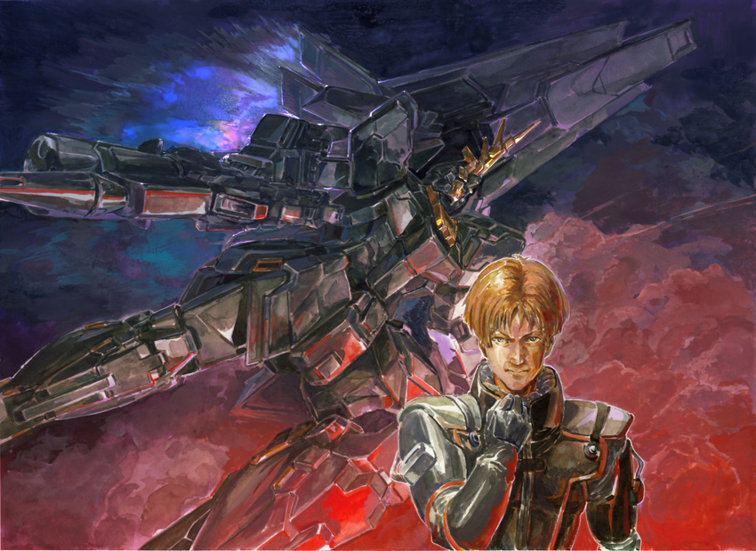 beam_rifle blonde_hair blue_eyes brown_eyes energy_gun graphite_(medium) gundam gundam_unicorn koukaku male_focus mecha mixed_media pilot_suit realistic riddhe_marcenas science_fiction traditional_media unicorn_gundam_banshee watercolor_(medium) weapon