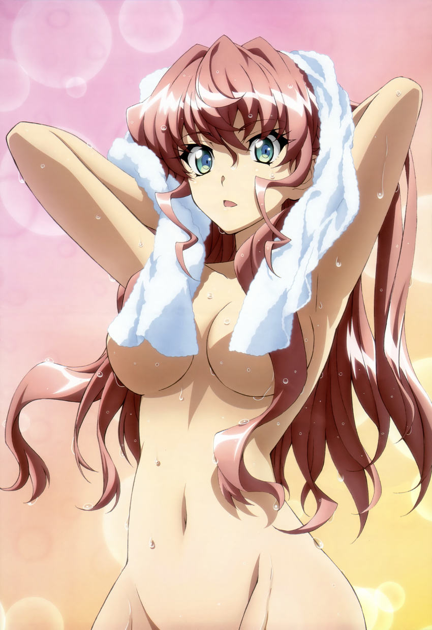 :o absurdres aqua_eyes armpits arms_up blush breasts censored convenient_censoring drying drying_hair groin highres large_breasts long_hair maria_cadenzavna_eve mizukami_rondo navel nude open_mouth out-of-frame_censoring parted_lips pink_hair senki_zesshou_symphogear standing tareme towel underboob wet white_towel