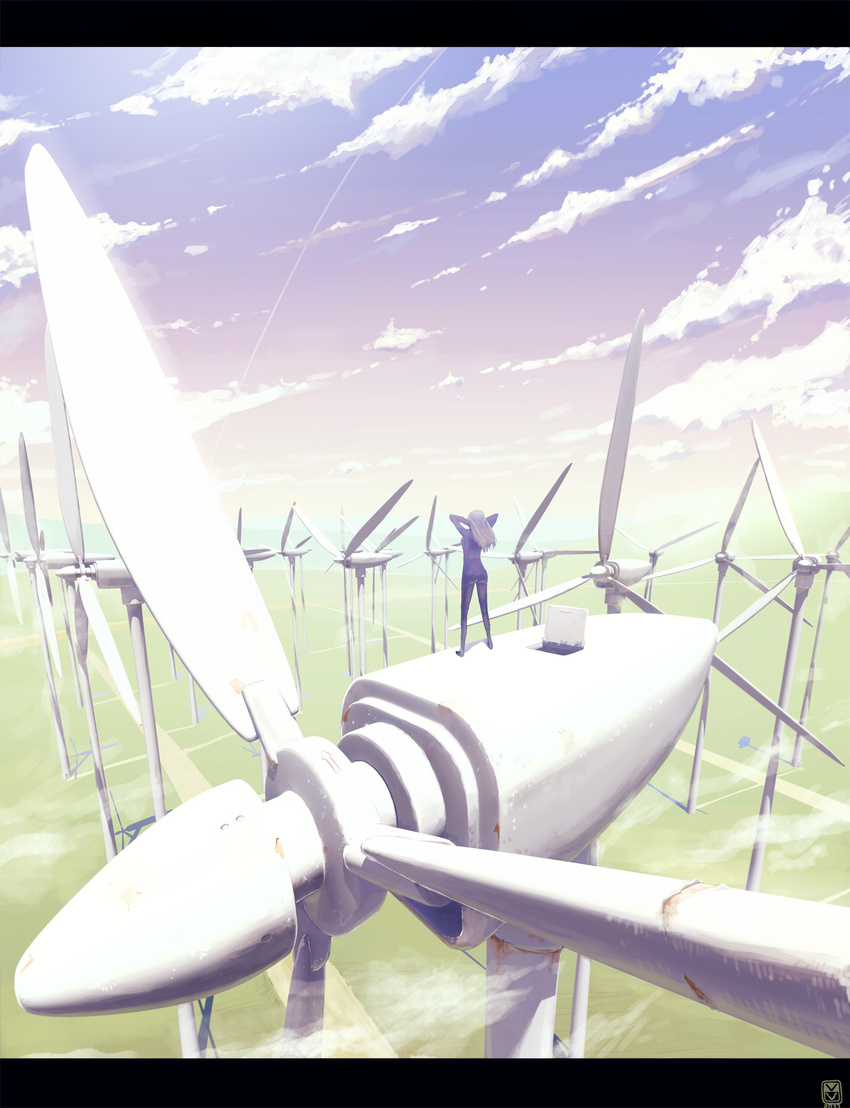 arms_behind_head bodysuit cloud foreshortening from_behind highres horizon landscape letterboxed long_hair mr_very original sky solo wind_turbine windmill