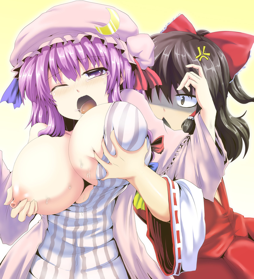 anger_vein blush bow breast_envy breast_grab breasts brown_hair crescent detached_sleeves grabbing hair_bow hair_tubes hakurei_reimu hat highres koppamu large_breasts long_hair multiple_girls nipples open_mouth patchouli_knowledge purple_eyes purple_hair shaded_face tears touhou wince