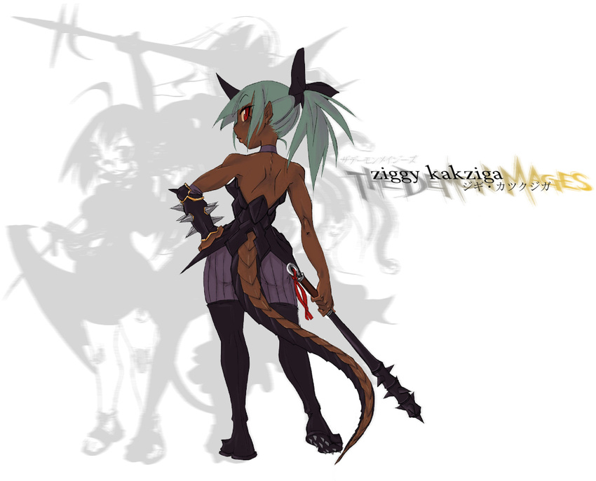 armor ass basilisk boots bracelet character_name choker dark_skin demon_mages elbow_pads faulds from_behind full_body grey_hair hair_ribbon hand_on_hip horn jason_robinson jewelry lips lizard_tail long_hair looking_back mace monster_girl ponytail red_eyes ribbon solo spiked_bracelet spikes standing strapless tail thigh_boots thighhighs weapon ziggy_kakziga