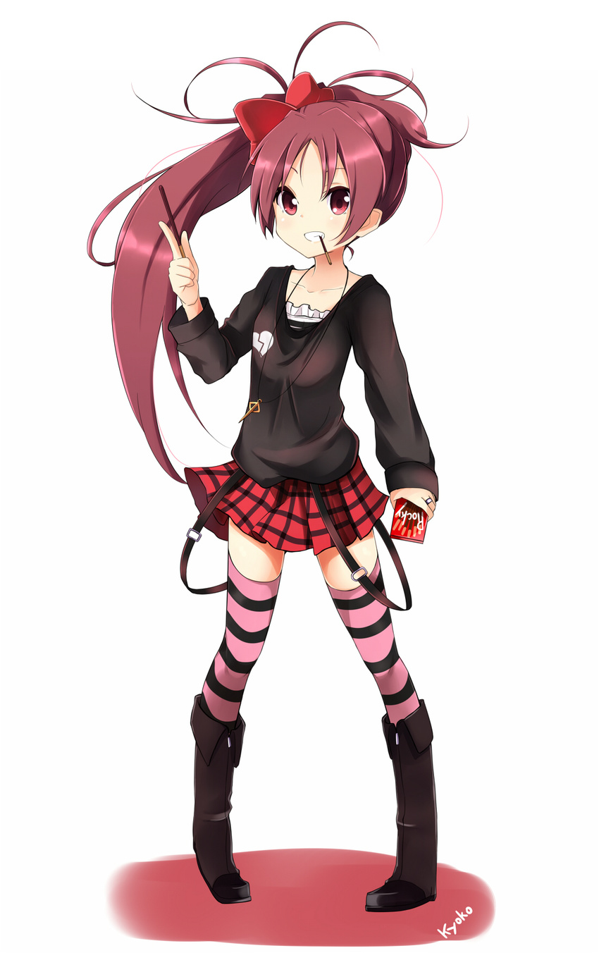 amano_kouki antenna_hair boots casual food food_in_mouth grin hair_ribbon highres jewelry long_hair mahou_shoujo_madoka_magica mouth_hold necklace pocky ponytail red_eyes red_hair ribbon ring sakura_kyouko skirt smile solo striped striped_legwear suspenders thighhighs