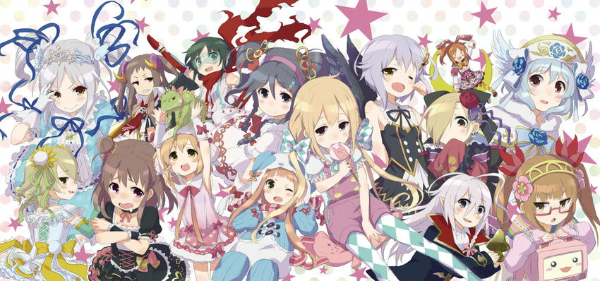 &gt;_&lt; :d ;d abe_nana ahoge animal_costume animal_ears argyle argyle_legwear arm_up arms_up black_hair black_wings blonde_hair blue_eyes blush blush_stickers bow braid brown_eyes brown_hair bunny_ears candy choker closed_eyes covering_mouth crescent crossed_arms double_bun dress drooling eating elbow_gloves fang feathers flower food frills futaba_anzu glasses gloves goggles grey_eyes hair_bow hair_flower hair_ornament hair_over_one_eye hair_ribbon hairband hand_over_eye headset highres holding horns hoshi_shouko hyou-kun ichihara_nina idolmaster idolmaster_cinderella_girls iguana_(animal) ikebukuro_akiha kanzaki_ranko kingin koga_koharu koseki_reina koshimizu_sachiko lizard lollipop long_hair looking_back miyoshi_sana morikubo_nono multiple_girls munakata_atsumi mushroom nanjou_hikaru narumiya_yume necktie one_eye_closed open_mouth overalls panda_costume pantyhose pink_eyes plaid purple_hair red-framed_eyewear red_eyes ribbon scarf sheep_costume shirasaka_koume short_hair silver_hair single_braid sitting skull sleeveless sleeveless_dress sleeves_past_wrists smile smirk star teeth tiara twin_braids twintails white_gloves white_hair wings wrist_cuffs yellow_eyes