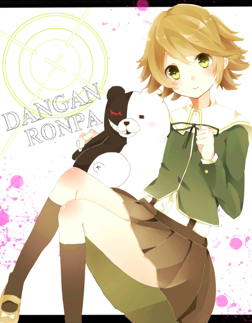 bad_id bad_pixiv_id brown_hair copyright_name crossdressing crosshair danganronpa danganronpa_1 fujisaki_chihiro green_eyes highres letterboxed looking_at_viewer monokuma otoko_no_ko ribbon saeki_sora school_uniform short_hair skirt smile