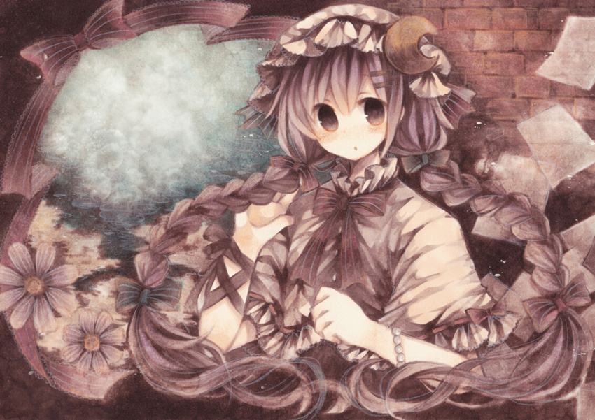 alternate_hairstyle arm_ribbon bad_id bad_pixiv_id bow braid capelet crescent flower hair_ribbon hat long_hair looking_at_viewer paper patchouli_knowledge purple_eyes purple_hair ribbon solo touhou twin_braids upper_body very_long_hair wiriam07