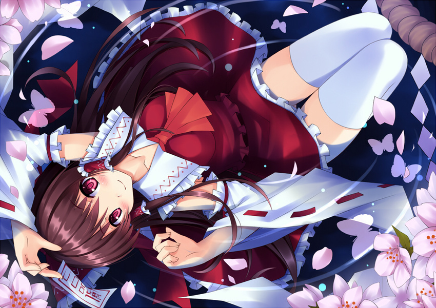 bad_id bad_pixiv_id blush bow brown_hair bug butterfly cherry_blossoms detached_sleeves frills from_above hair_bow hair_tubes hakurei_reimu insect long_hair looking_at_viewer mushroom_(artist) ofuda petals red_eyes ribbon-trimmed_sleeves ribbon_trim skirt smile solo thighhighs touhou water white_legwear