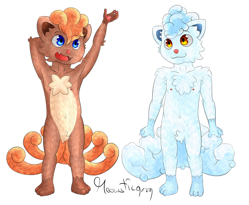 alolan_vulpix anthro barefoot biped blue_eyes blue_fur brown_eyes brown_fur canine chest_tuft cub duo featureless_crotch fluffy fluffy_tail fur gabriel_(robinstic) invalid_tag male mammal michael_(robinstic) model_sheet navel nintendo nipples nude open_mouth pawpads pok&eacute;mon pok&eacute;mon_(species) regional_variant robinstic standing tuft video_games vulpix young