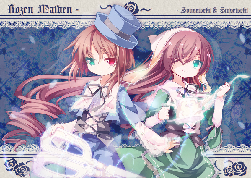 blue_dress bow brown_hair capelet character_name curtain_(posuinochuanglian) dress expressionless flower green_dress hat heterochromia highres long_hair long_sleeves looking_at_viewer multiple_girls petals rose rozen_maiden scissors short_hair siblings smile souseiseki suiseiseki text_focus twins very_long_hair watering_can