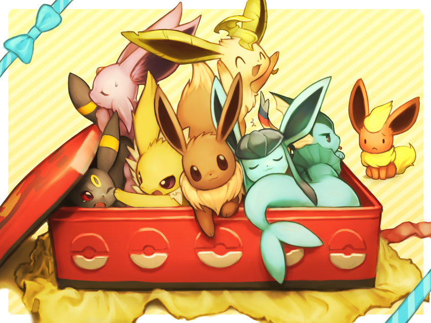 :&lt; :d :p ^_^ ^o^ black_eyes blue_bow bow box brown_eyes closed_eyes closed_mouth diagonal_stripes eevee espeon flareon fuchsia gen_1_pokemon gen_2_pokemon gen_4_pokemon gen_6_pokemon glaceon highres in_box in_container jitome jolteon leafeon looking_at_viewer no_humans open_mouth poke_ball_print pokemon pokemon_(creature) purple_eyes red_eyes scratching sitting sleeping smile solid_oval_eyes striped striped_background sylveon teardrop tongue tongue_out umbreon vaporeon