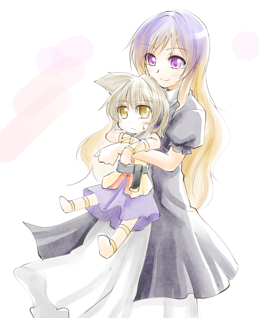 blonde_hair child cross-laced_clothes dress earmuffs gradient_hair height_difference highres hijiri_byakuren kakao_(noise-111) multicolored_hair multiple_girls puffy_short_sleeves puffy_sleeves purple_eyes short_sleeves simple_background smile standing sweatdrop thigh_strap touhou toyosatomimi_no_miko white_background white_dress yellow_eyes younger