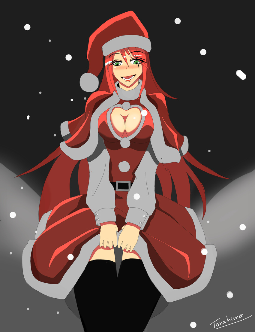 absurdres alternate_costume black_legwear blush breasts capelet cleavage cleavage_cutout eyelashes green_eyes hat highres katarina_du_couteau large_breasts league_of_legends long_hair red_hair santa_costume santa_hat skirt skirt_lift snowing solo thighhighs torahime_(roland00) very_long_hair