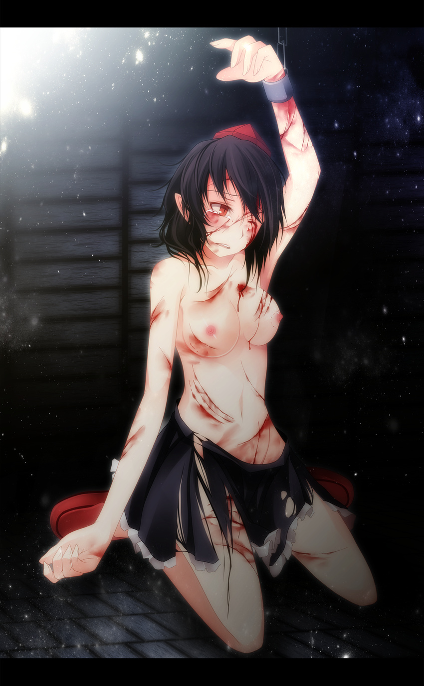arm_up bad_id bad_pixiv_id bite_mark black_hair blood blush breasts chain cuffs cuts hat highres injury kneeling looking_away medium_breasts nipples one_eye_closed pointy_ears red_eyes s-syogo shackles shameimaru_aya shoes solo tears tokin_hat torn_clothes touhou