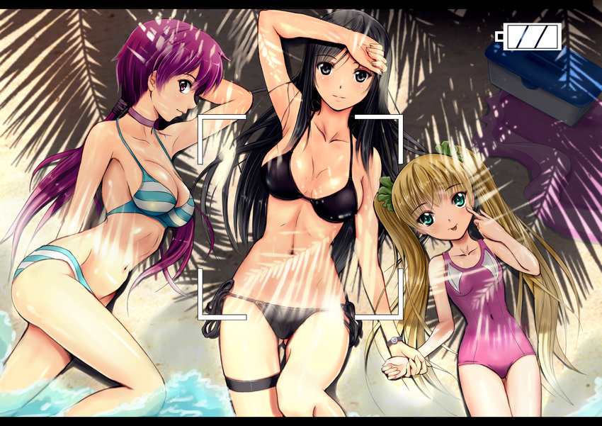 absurdres armpits beach bikini black_eyes black_hair blonde_hair blush breasts choker cleavage from_above green_eyes highres holding_hands light_smile long_hair looking_at_viewer lying medium_breasts multiple_girls navel one-piece_swimsuit original purple_eyes purple_hair shiny shiny_skin side-tie_bikini silhouette small_breasts soyokaze striped striped_bikini striped_swimsuit swimsuit twintails two_side_up viewfinder watch wristwatch