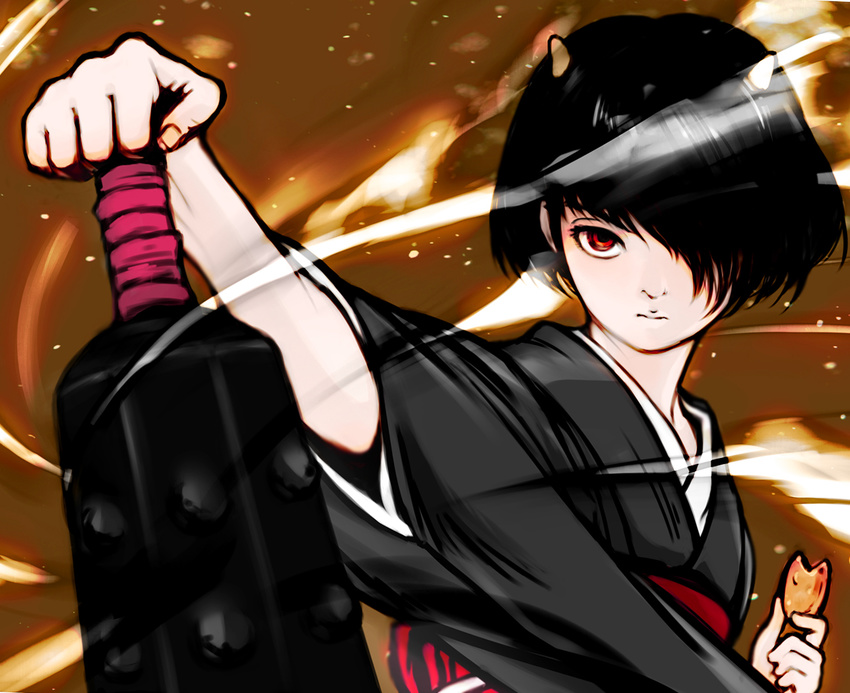 black_hair black_kimono club gedomaru gintama hair_over_one_eye japanese_clothes kimono looking_at_viewer red_eyes sapon shikigami short_hair solo weapon