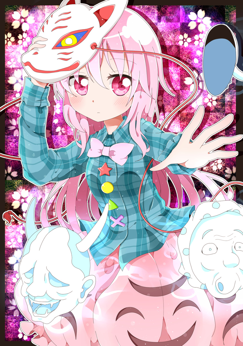 bow bubble_skirt checkered checkered_background expressionless flower fox_mask hannya hata_no_kokoro highres kyapinetzu long_hair long_sleeves mask noh_mask oni_mask pink_eyes pink_hair plaid plaid_shirt shirt skirt solo touhou very_long_hair