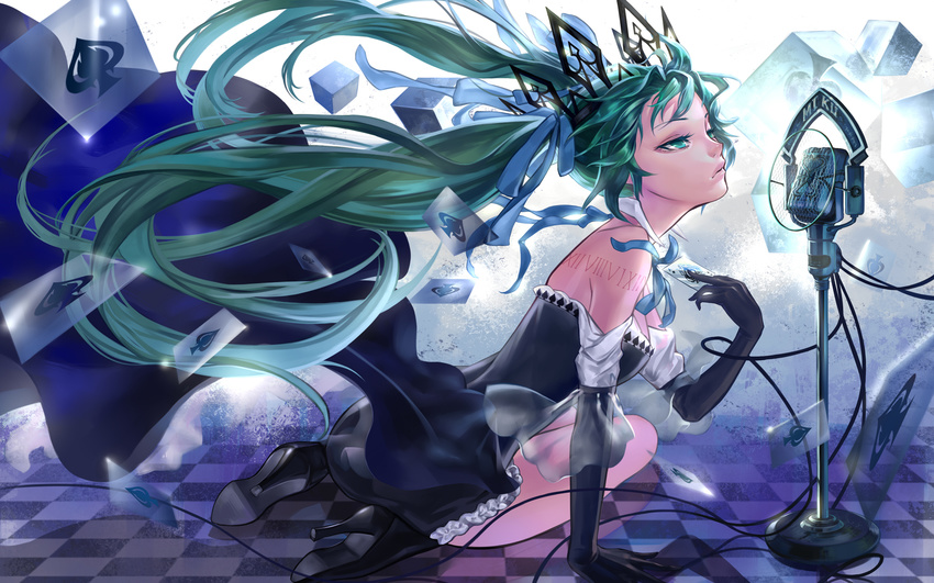arm_support card checkered checkered_floor elbow_gloves floating_hair gloves gothic_lolita green_eyes green_hair hair_ribbon hatsune_miku high_heels highres l.green lips lolita_fashion long_hair microphone microphone_stand perspective ribbon roman_numerals seiza sitting solo tattoo twintails very_long_hair vocaloid