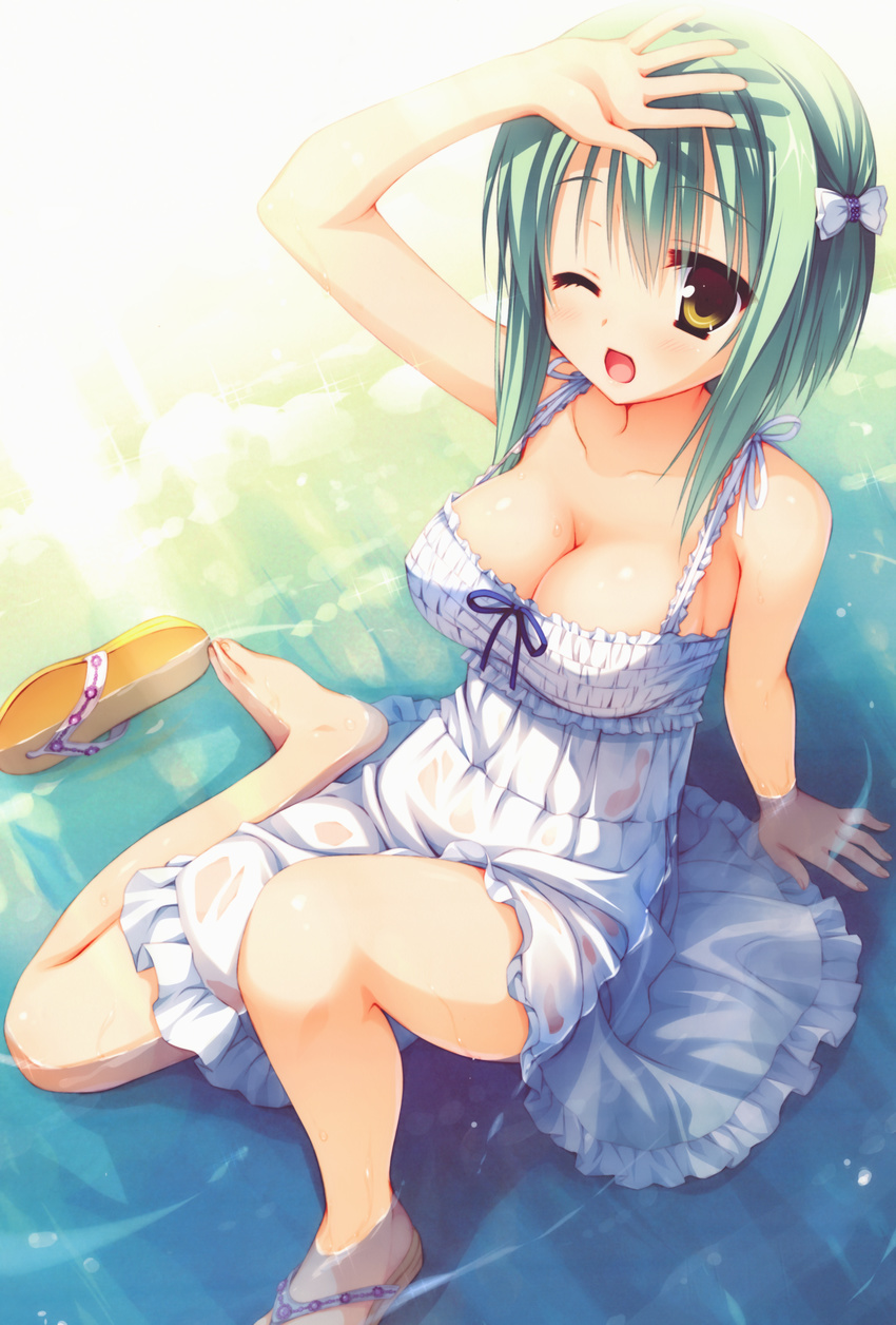 ;d absurdres bare_shoulders barefoot blue_ribbon blush bow breasts cleavage day dress feet flip-flops frilled_dress frills green_hair hair_bow highres huge_filesize large_breasts looking_at_viewer muririn noble_works one_eye_closed open_mouth partially_submerged ribbon sandals scan shading_eyes shoes short_hair single_shoe sitting sleeveless sleeveless_dress smile sundress toes tsukiyama_sena water wet wet_clothes wet_dress white_bow yellow_eyes