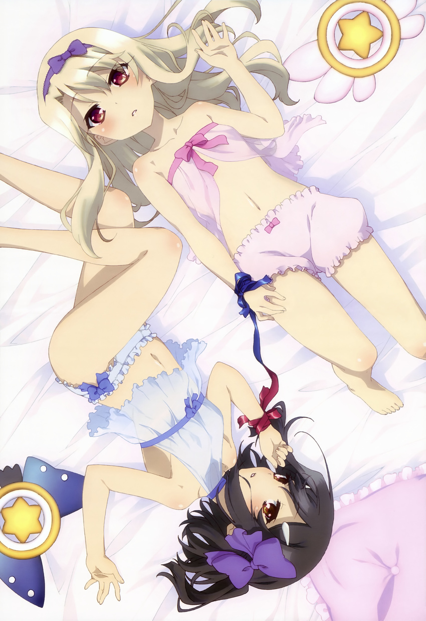 absurdres babydoll barefoot black_hair blonde_hair bloomers blue_panties blush bow chemise fate/kaleid_liner_prisma_illya fate_(series) from_above hair_bow headband highres hirata_kazuya illyasviel_von_einzbern legs long_hair looking_at_viewer lying miyu_edelfelt multiple_girls navel non-web_source nyantype official_art on_back on_side panties parted_lips pillow pink_babydoll pink_bloomers red_eyes ribbon scan short_hair underwear