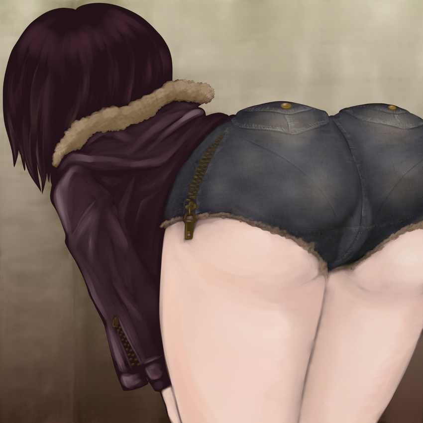 1girl ass bend bent_over brown_hair denim denim_shorts nounai_zayaku short_jeans short_shorts shorts solo thighs