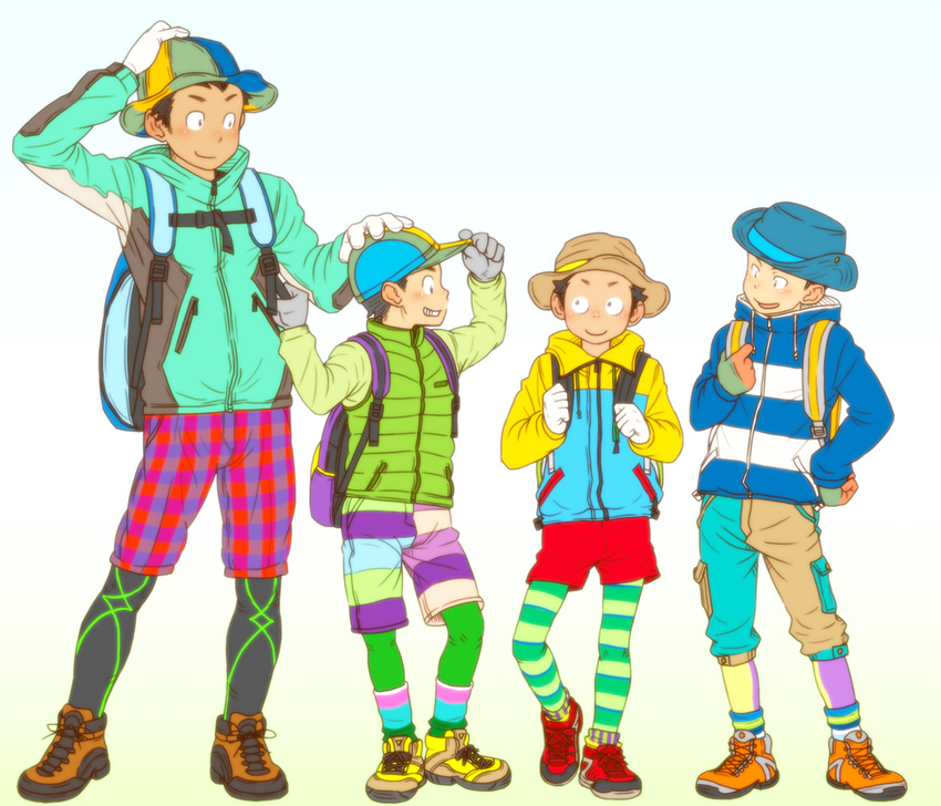 backpack bag black_hair blush from_behind full_body hat height_difference jacket male_focus multiple_boys original shoes shorts smile sneakers socks striped striped_legwear torte_(triggerhappy)