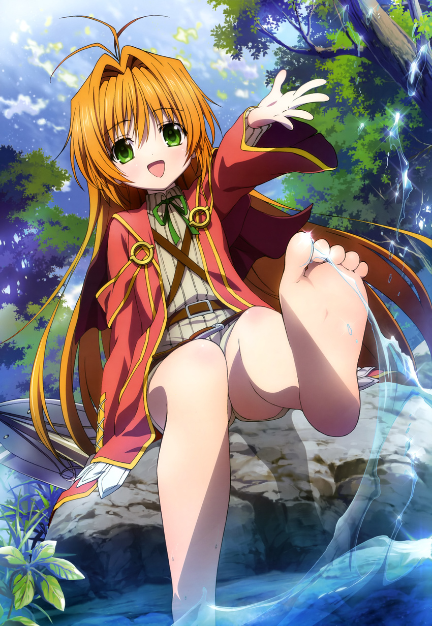 :d absurdres ai_(kaminai) antenna_hair arm_up barefoot brown_hair day dutch_angle feet foreshortening forest green_eyes hair_intakes highres kamisama_no_inai_nichiyoubi kawada_izumi leg_lift legs long_hair looking_at_viewer nature non-web_source nyantype official_art open_mouth outstretched_arm outstretched_hand pov_feet scan shovel sitting sky smile soaking_feet soles solo splashing toes tree very_long_hair water