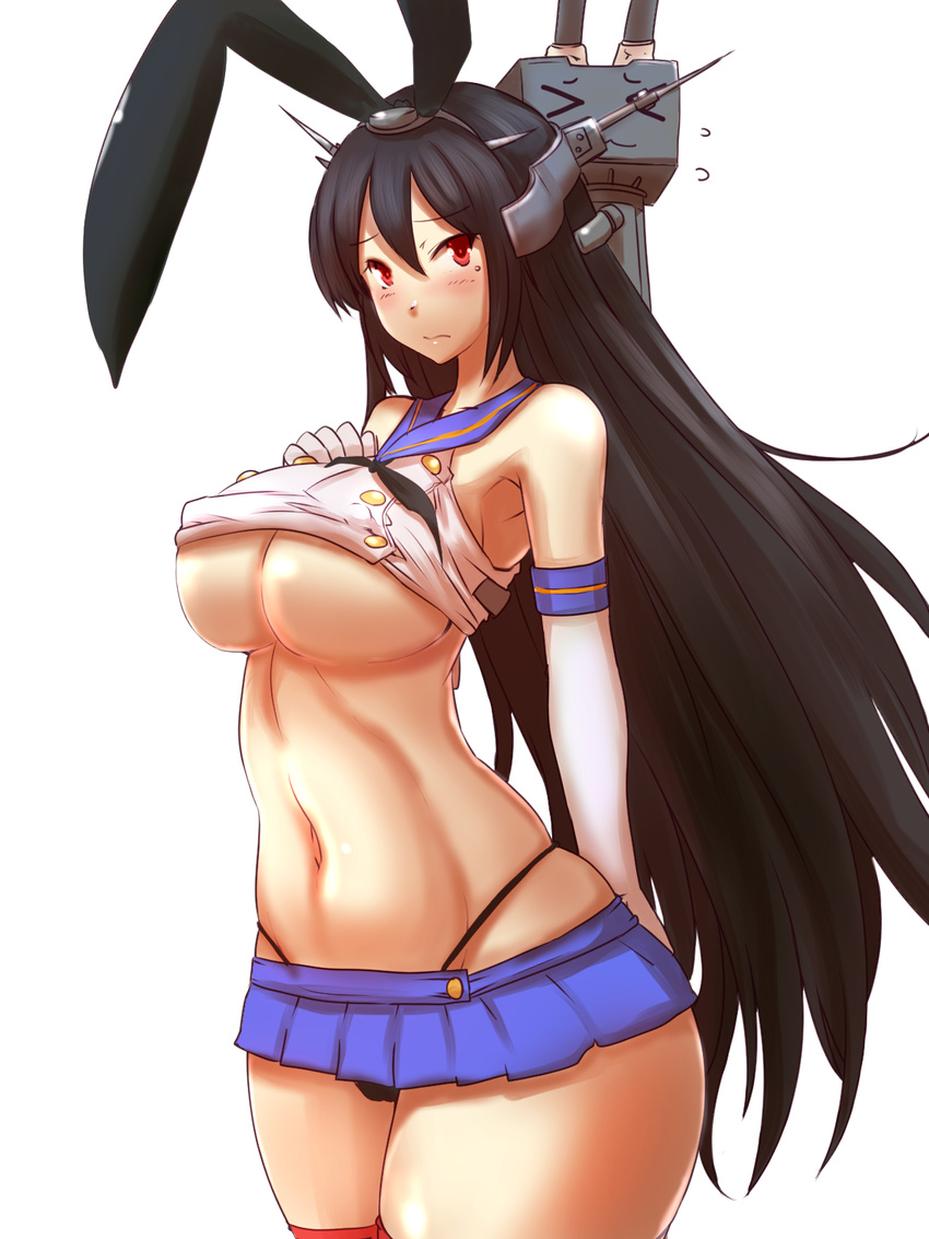animal_ears black_hair breasts bunny_ears cosplay dearmybrothers elbow_gloves fake_animal_ears gloves highres kantai_collection large_breasts long_hair lowleg_skirt nagato_(kantai_collection) navel red_eyes rensouhou-chan shimakaze_(kantai_collection) shimakaze_(kantai_collection)_(cosplay) simple_background underboob white_background wide_hips