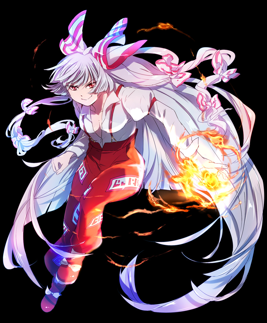 banned_artist black_background bow breasts cleavage fire fujiwara_no_mokou hair_bow hair_ribbon highres long_hair medium_breasts open_clothes open_shirt pants poko_(mammypoko) red_eyes ribbon shirt smile solo suspenders touhou very_long_hair white_hair