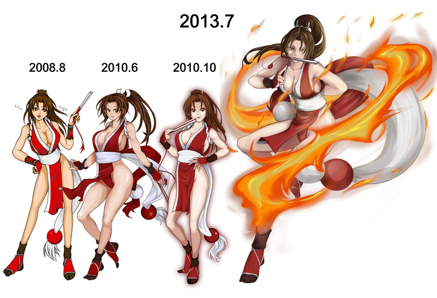 2013 breasts brown_hair bula dated evolution fatal_fury fire large_breasts ponytail shiranui_mai white_background