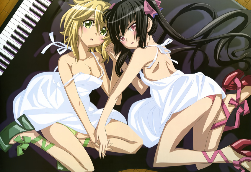 2girls akatsuki_kirika black_hair blonde_hair dress megami no_bra numata_seiya panties piano scan senki_zesshou_symphogear summer_dress tsukuyomi_shirabe underwear