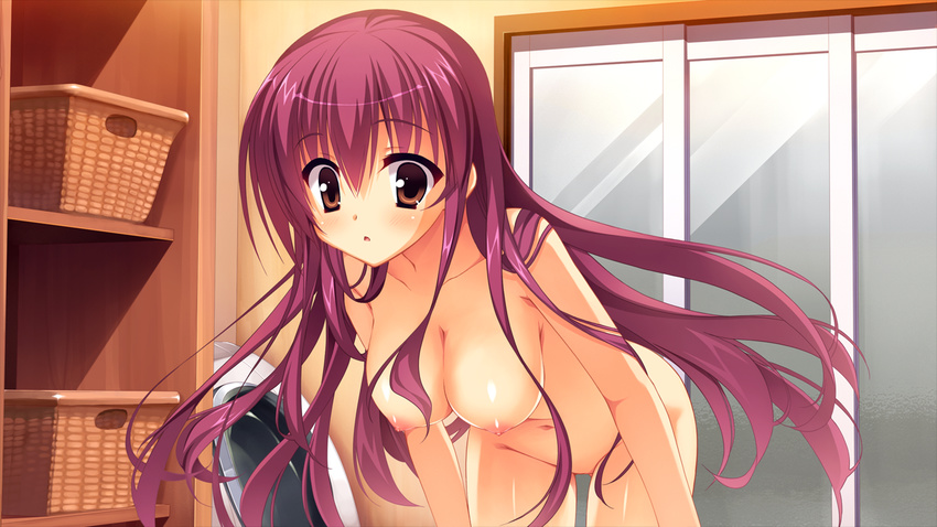 blush breasts dracu-riot! game_cg inamura_rio kobuichi long_hair nipples panties possible_duplicate purple_hair topless underwear undressing yuzusoft