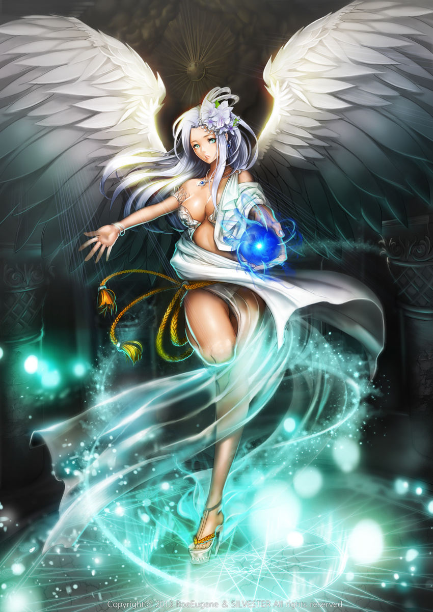 absurdres angel armband bracelet breasts cleavage energy_ball flower foreshortening green_eyes hair_flower hair_ornament high_heels highres jewelry long_hair medium_breasts memorize nail_polish necklace silver_hair silvester solo wings