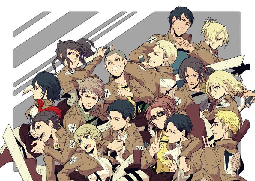 6+girls annie_leonhardt armin_arlert bertolt_hoover christa_renz connie_springer emblem eren_yeager erwin_smith everyone hange_zoe jacket jean_kirchstein levi_(shingeki_no_kyojin) marco_bodt mikasa_ackerman multiple_boys multiple_girls paradis_military_uniform reiner_braun sasha_braus shingeki_no_kyojin survey_corps_(emblem) tacoco training_corps_(emblem) uniform ymir_(shingeki_no_kyojin)