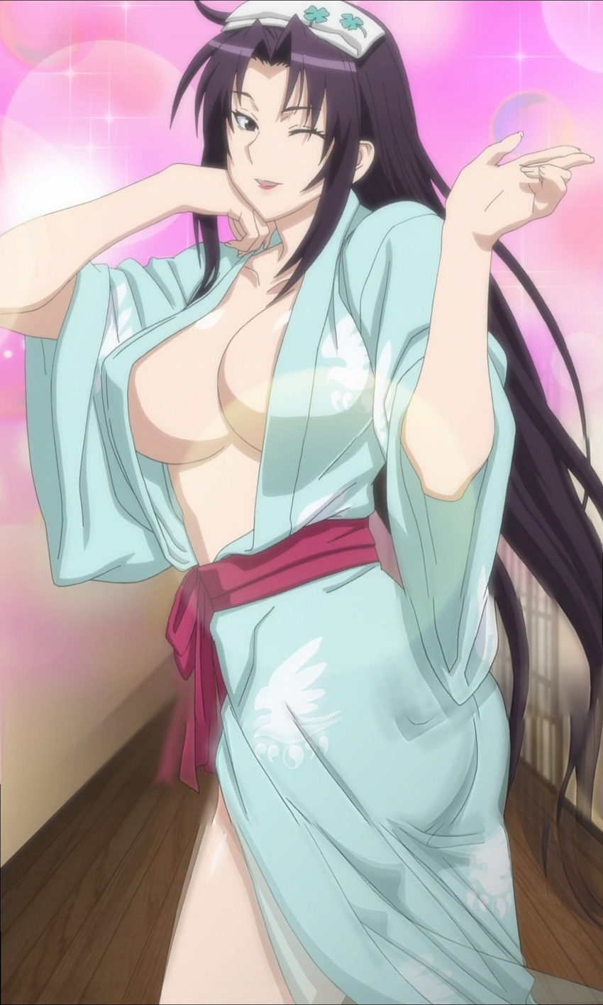 1girl breasts japanese_clothes kazehana kimono large_breasts long_hair purple_hair sekirei smile solo standing wink yukata