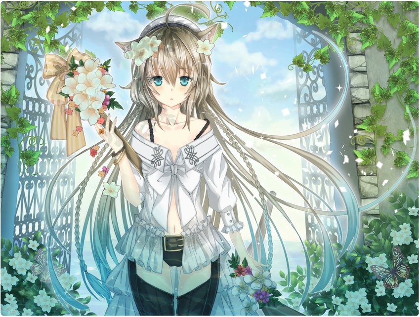 animal_ears aqua_eyes bad_id bad_pixiv_id belt blush bouquet bow braid brown_hair bug butterfly cat_ears flower gate hat insect leaf long_hair nozomi_fuuten original sky solo very_long_hair