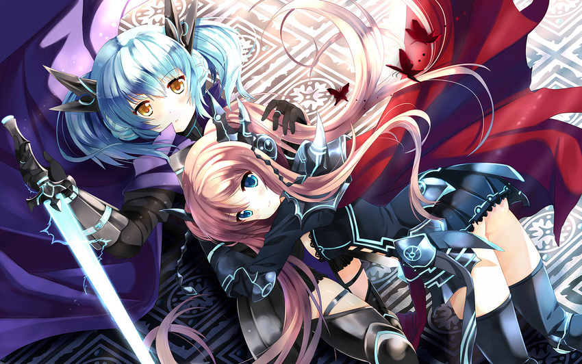 blue_eyes blue_hair brown_hair cardfight!!_vanguard dark_cloak_revenger_tartu darkness_maiden_macha hug long_hair multiple_girls smile sword thighhighs weapon xephonia yellow_eyes