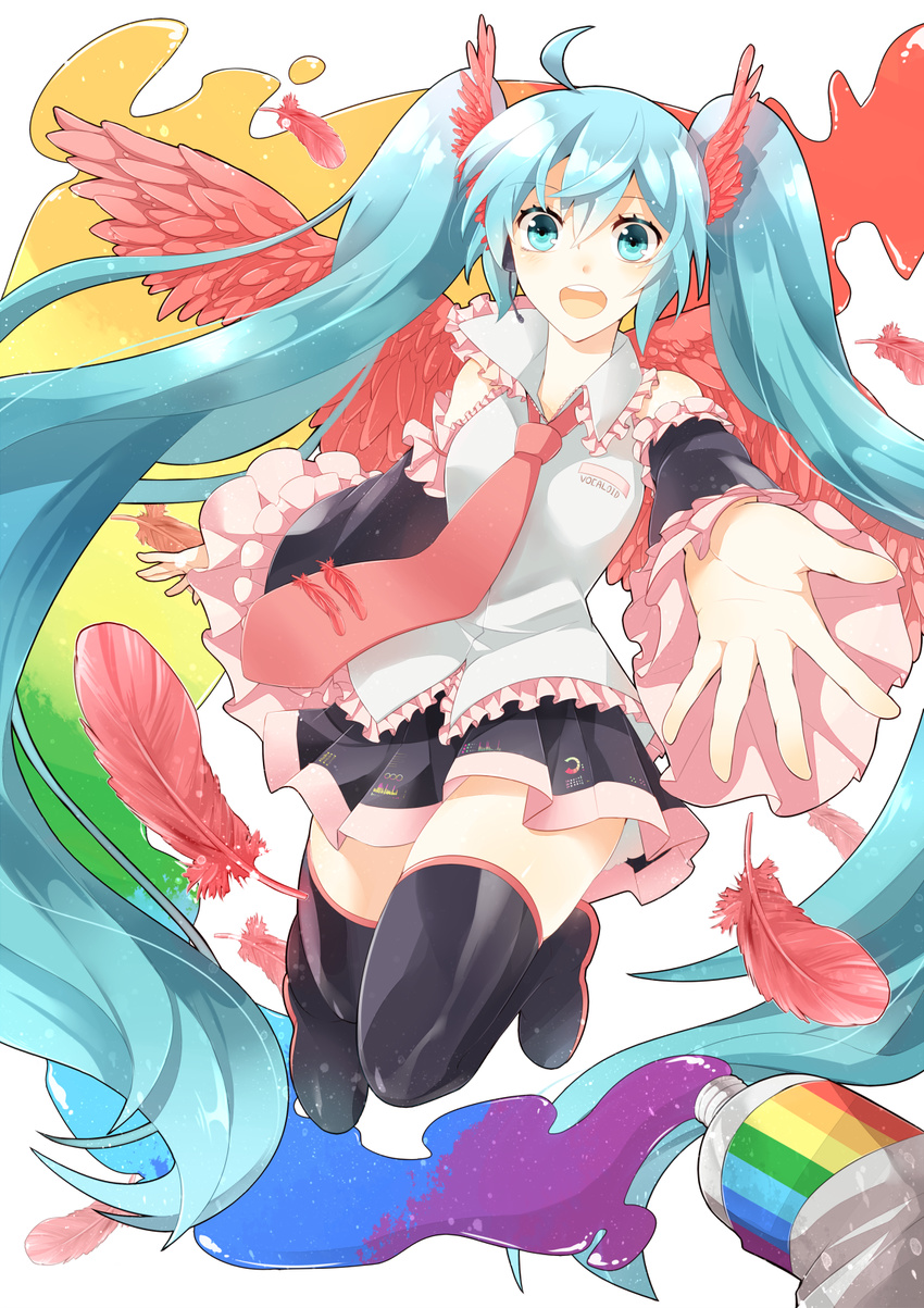 ahoge aqua_eyes aqua_hair boots coconashi copyright_name detached_sleeves feathers hatsune_miku head_wings headset highres long_hair necktie open_mouth outstretched_arm paint skirt solo thigh_boots thighhighs twintails very_long_hair vocaloid wings
