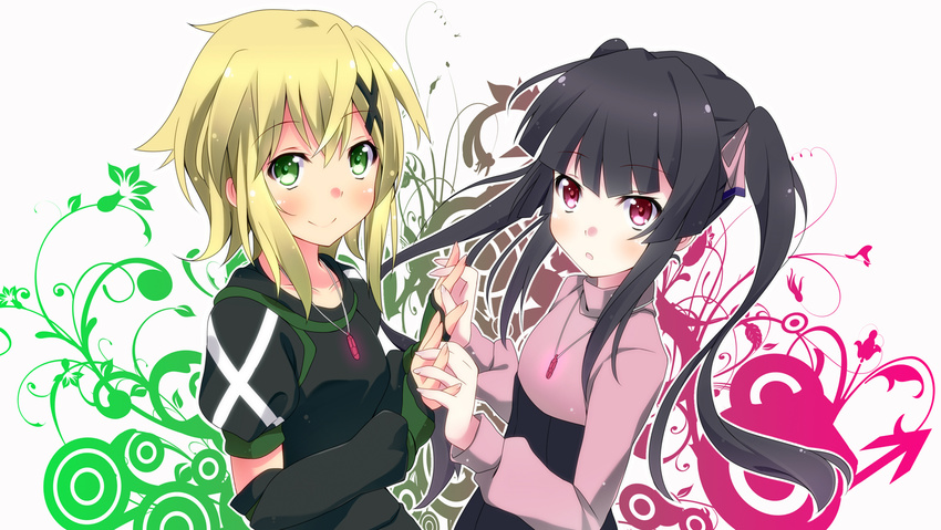 akatsuki_kirika black_hair blonde_hair blush christmas green_eyes hair_ornament holding_hands interlocked_fingers jewelry kurono_yuzuko long_hair multiple_girls necklace pendant pink_eyes senki_zesshou_symphogear short_hair sidelocks smile symphogear_pendant tareme tsukuyomi_shirabe twintails upper_body