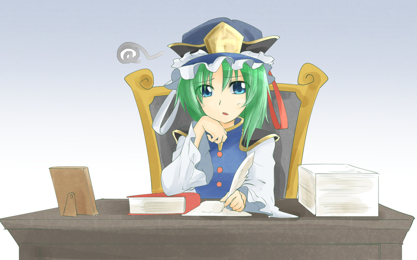 :o arm_support blue_eyes book chair desk feathers frills green_hair hair_between_eyes hand_on_own_chin hands hat highres kakao_(noise-111) long_sleeves looking_at_viewer mob_cap nib_pen_(object) paper_stack parted_lips photo_(object) shiki_eiki sitting solo squiggle touhou upper_body writing