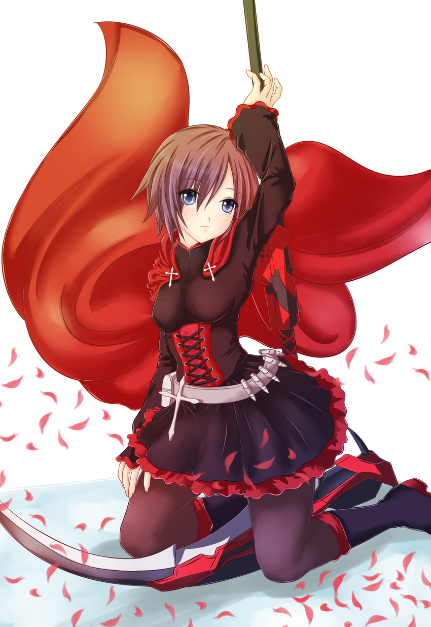 absurdres arm_up boots bullet cape corset cross highres iori1112 kneeling pantyhose petals ruby_rose rwby scythe short_hair solo weapon