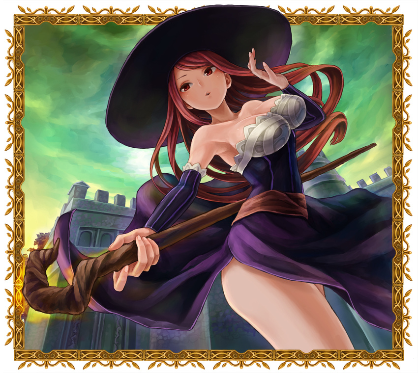 bare_shoulders breasts cleavage detached_sleeves dragon's_crown hat highres large_breasts long_hair metalinu red_eyes red_hair solo sorceress_(dragon's_crown) staff witch_hat