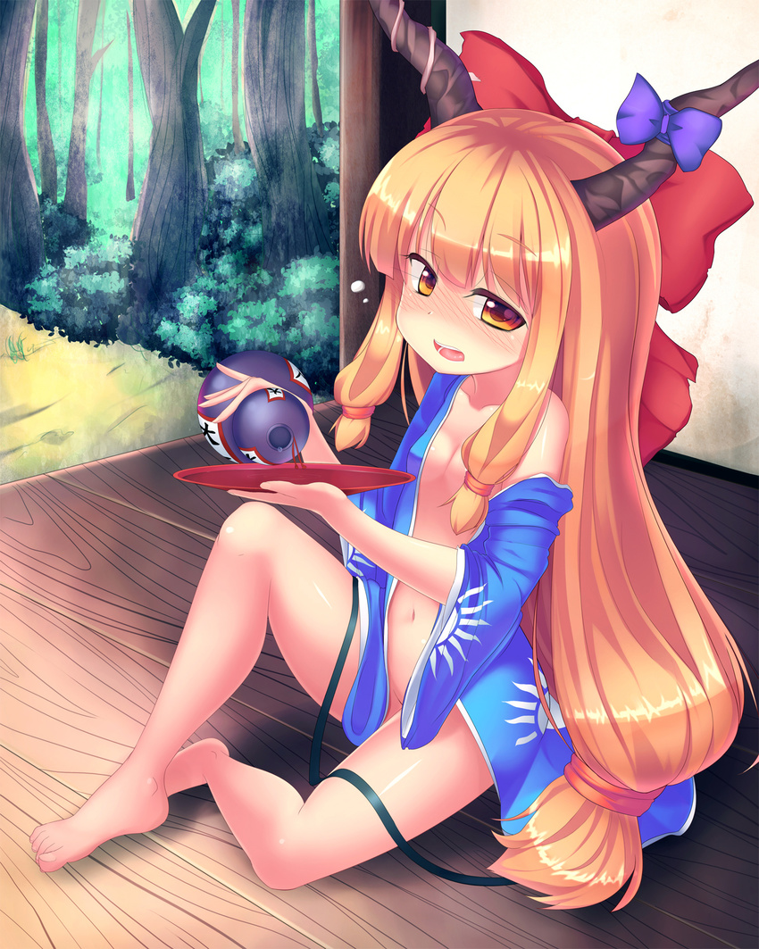 alcohol barefoot blue_kimono blush bow breasts cup drunk eila_yagyu gourd hair_bow highres horn_bow horns ibuki_suika japanese_clothes kimono long_hair long_sleeves looking_at_viewer md5_mismatch navel no_bra no_panties off_shoulder open_clothes open_kimono orange_eyes orange_hair sakazuki sake sitting small_breasts solo touhou wide_sleeves yukata