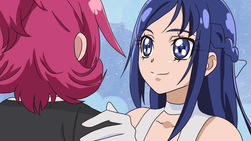 aida_mana azato_(peacethunder) bad_id bad_pixiv_id bare_shoulders blue_eyes blue_hair braid couple dancing dokidoki!_precure eye_contact formal from_behind gloves half_updo hand_on_shoulder hishikawa_rikka looking_at_another multiple_girls official_style pink_hair precure short_hair smile suit yuri