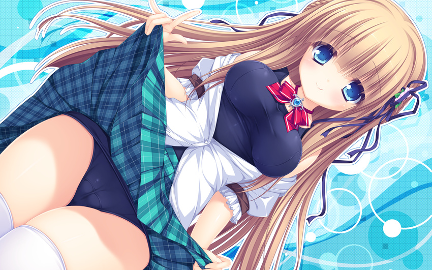 cameltoe mikagami_mamizu school_swimsuit skirt_lift swimsuits thighhighs
