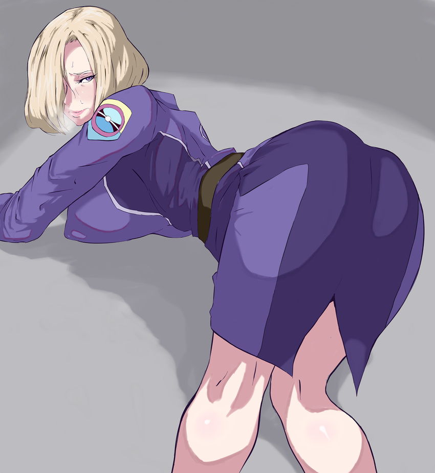 1girl ass bend_over bent_over blonde_hair breasts breath clothed covered_nipples erect_nipples female ginga_kikoutai_majestic_prince hair_over_one_eye highres huge_breasts looking_back majestic_prince nipples purple_eyes short_hair solo suzukaze_rin sweat uniform uya_(yurukah)