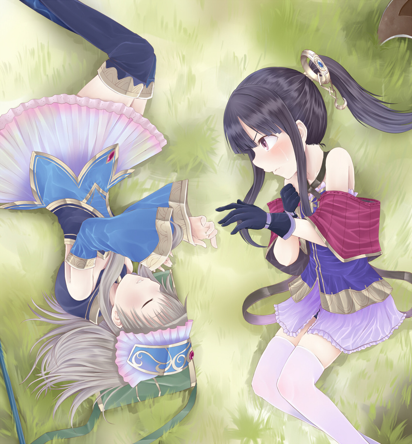 2girls artist_request atelier_(series) atelier_meruru atelier_totori bag bare_shoulders black_hair blush boots brown_eyes brown_hair detached_sleeves eyes_closed female gloves grass hair_ornament hat headdress judo_fuu lance long_hair lying mimi_houllier_von_schwarzlang multiple_girls on_side polearm ponytail shawl sleeping staff thigh_boots thighhighs totooria_helmold wavy_mouth weapon