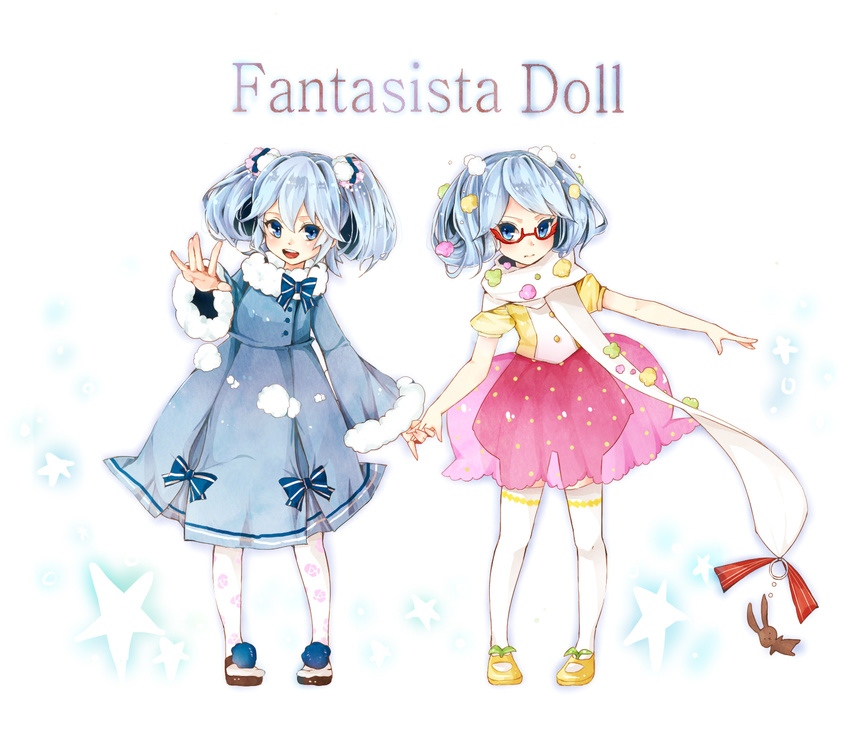 bad_id bad_pixiv_id blue_eyes blue_hair copyright_name dress fantasista_doll glasses hair_ornament highres holding_hands katia_(fantasista_doll) magako multiple_girls open_mouth pantyhose puffy_sleeves ribbon simple_background smile thighhighs twintails