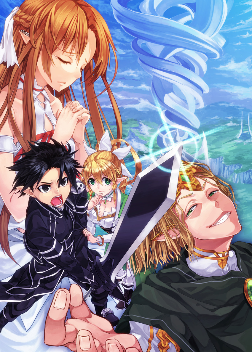 2girls asuna_(sao) highres kirito kirito_(sao-alo) leafa multiple_boys multiple_girls oberon_(sao) pointy_ears shiakoto sword sword_art_online titania_(sao) weapon